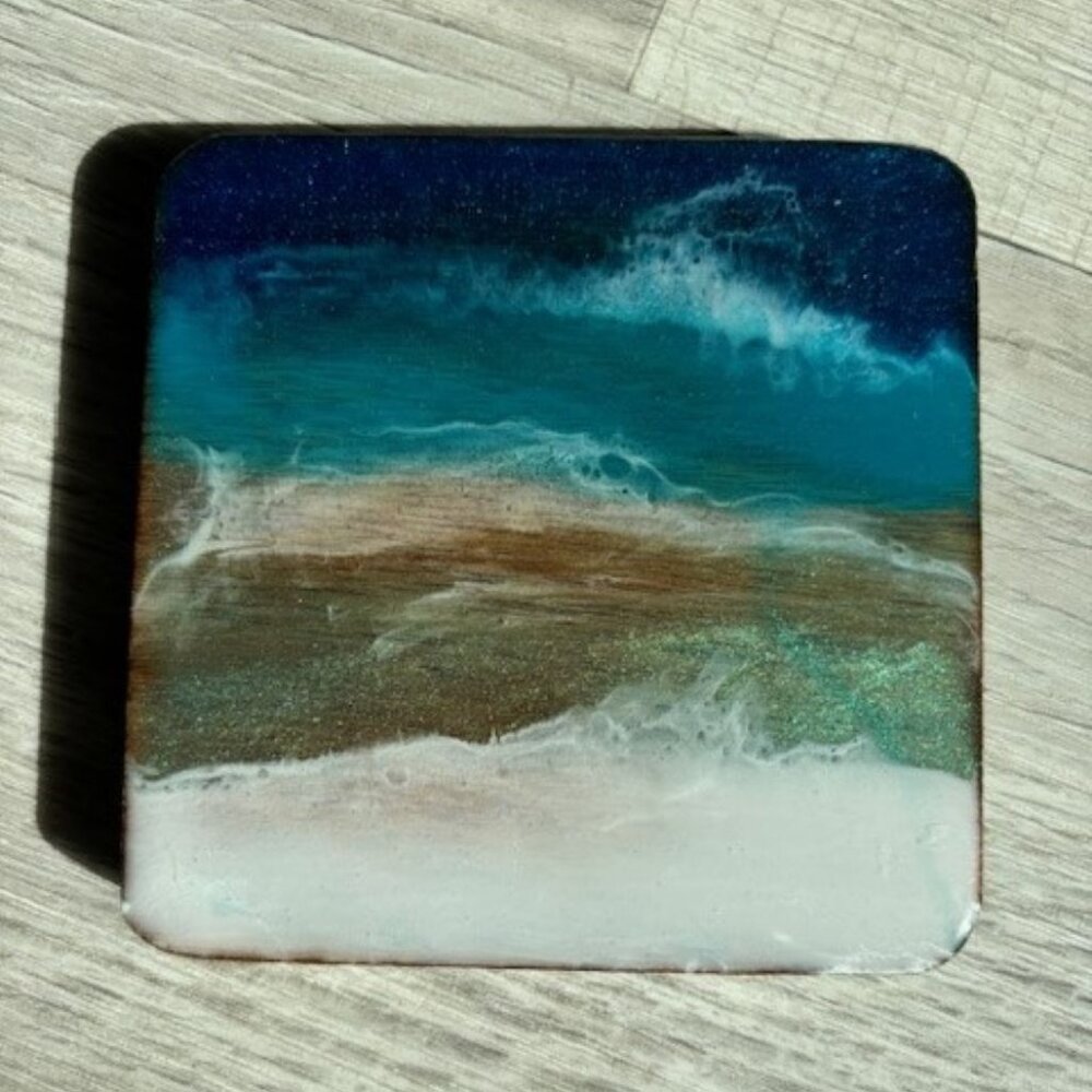 Set of 4 Square Wood Coasters With Ocean Theme